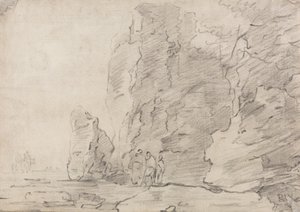 Three Figures Standing by Rocky Cliffs, Two Horsemen in Distance Left by Richard Wilson